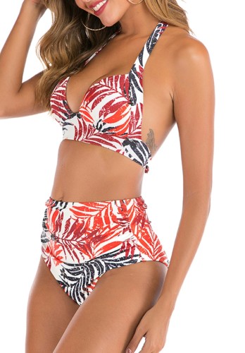 Leaf Print High Waisted Two Piece Halter Ruched Swimwear