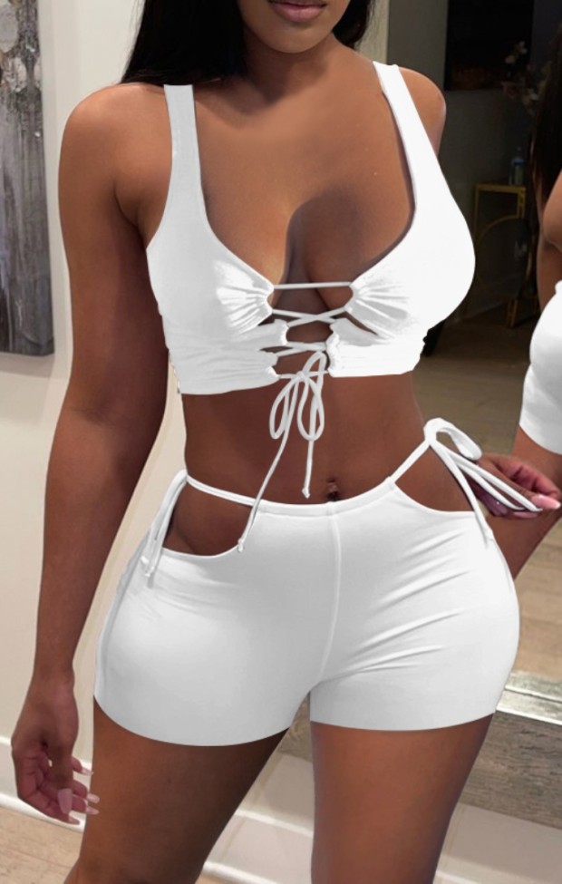 White Sexy Lace Up Croped Tank and Cut Out Shorts Two Piece Set