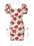 Red and White Floral Mini Puff Sleeve Short Dress