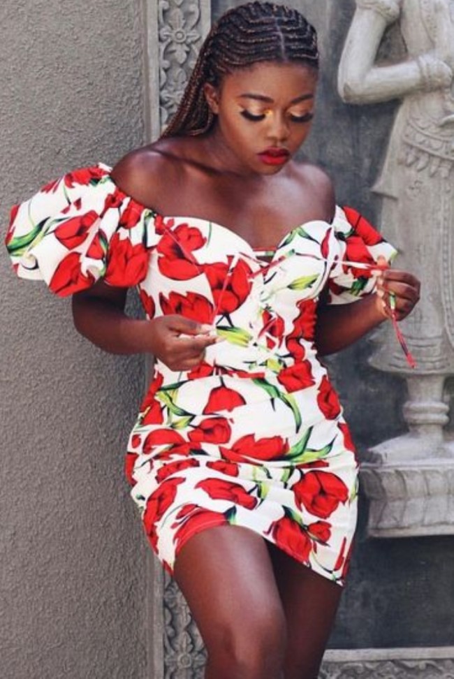 Red and White Floral Mini Puff Sleeve Short Dress
