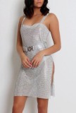 Silver Sparkling Side Slit  Sleeveless Club Dress