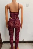 Leopard Purple Print Sexy Cami Bodysuit & Pants 2PCS Set