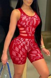 Sexy Mesh Red Bodycon Cutout Irregular Tank and Shorts 2PCS Set