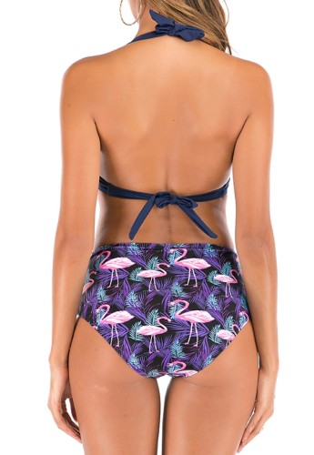 Flamingo Print High Waisted Two Piece Halter Ruched Swimwear