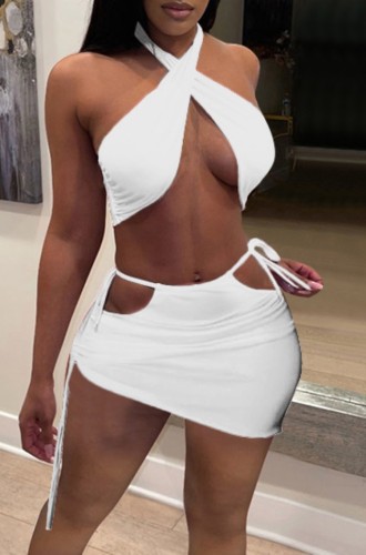 White Halter Crop Top and Hollow Out Mini Skirt Two Piece Set