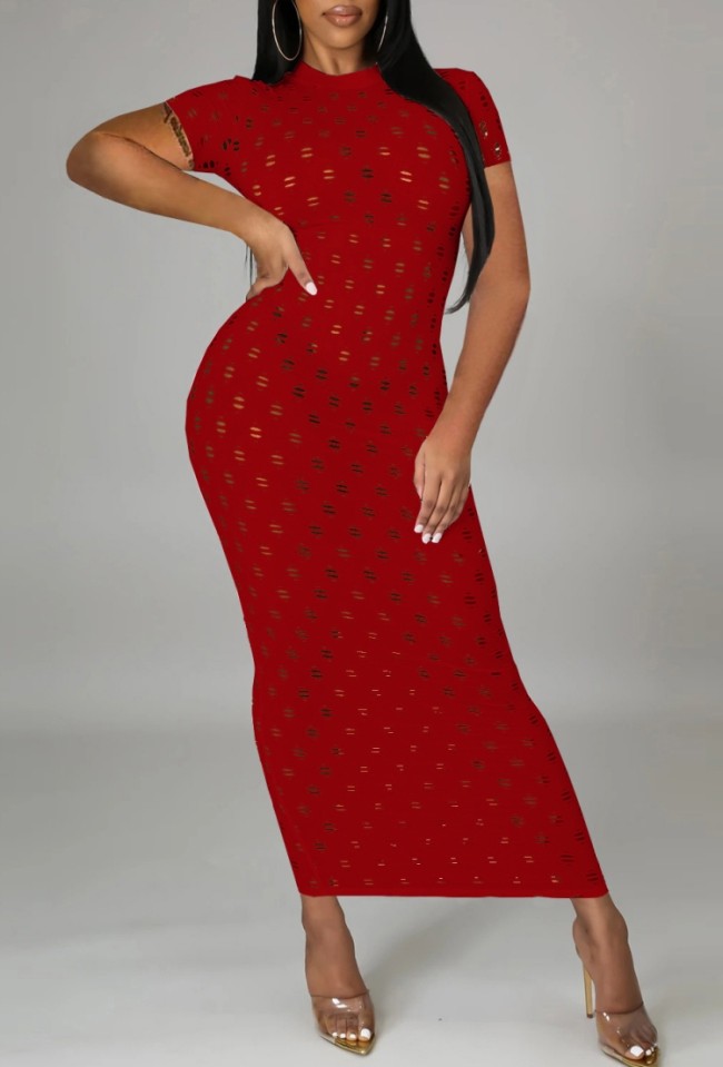 Red Hollow-Out Short Sleeve Long Curvy Dress