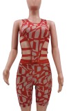 Sexy Mesh Red Bodycon Cutout Irregular Tank and Shorts 2PCS Set