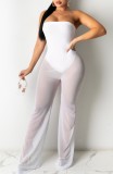 White Sexy Strapless Wide Leg Mesh Jumpsuit