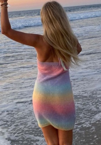 Gradient Colorful Knitted Halter Mini Dress