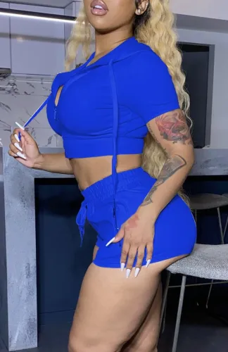 Blue Cropped Hoodie and Shorts Sports 2PCS Set