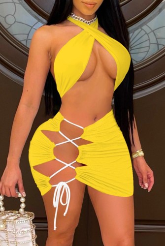 Yellow Cross Neck Crop Top and Lace Up Mini Skirt Two Piece Set