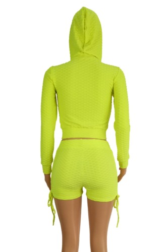 Neon Green Textured Zipper Crop Hoodie and Shorts Sports Suit