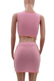Pink Lace Up Sexy Crop Tank Top and Mini Skirt Set