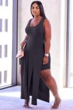 Black Sleeveless Long SlitTop and Tight Shorts 2PCS Outfits