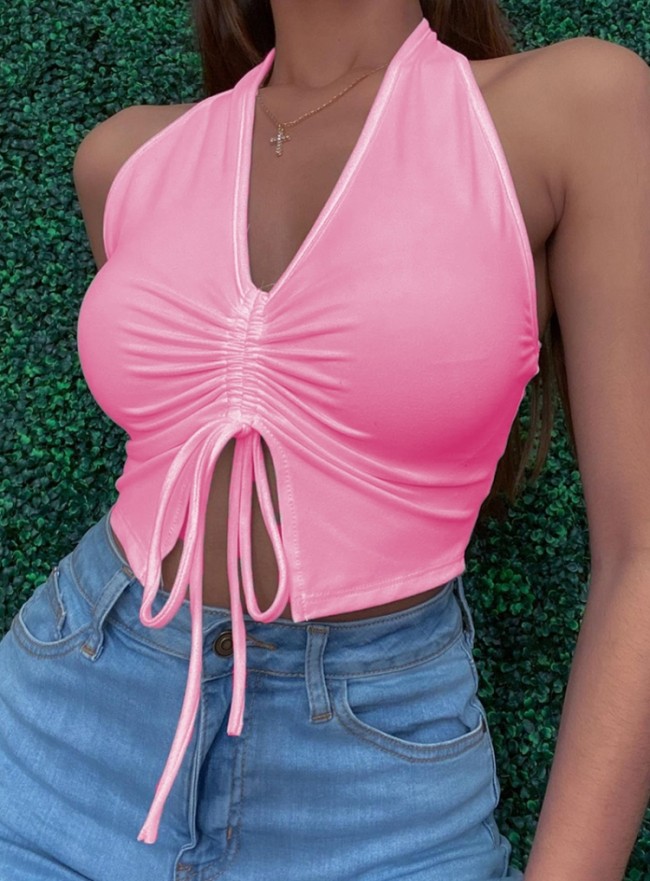 Trendy Pink Ruched Strings Halter Crop Top