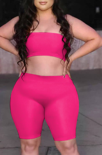 Plus Size Hot Pink Sexy Bandeau Top and Biker Shorts Two Piec Outfits