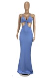Hollow Out Blue Cami Ribbed Sexy Maxi Dress
