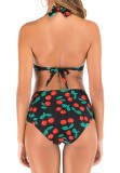 Cherry Black Print High Waisted Two Piece Halter Ruched Swimwear