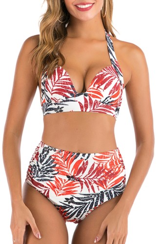 Leaf Print High Waisted Two Piece Halter Ruched Swimwear