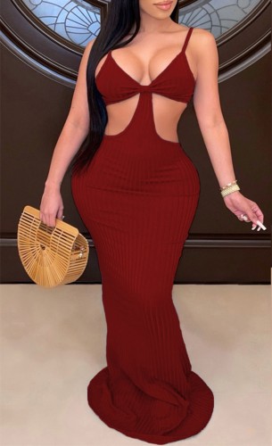 Hollow Out Red Cami Ribbed Sexy Maxi Dress