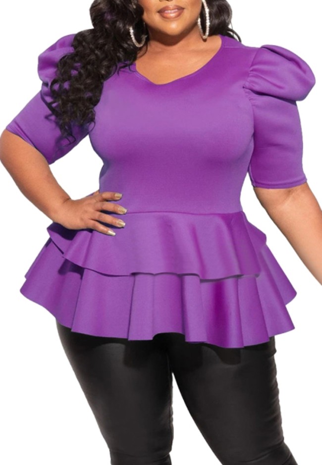 Plus Size Purple Short Sleeve Peplum Top