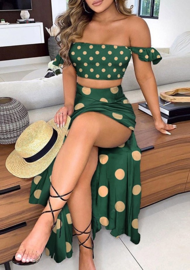 Print Green Ruched Crop Top and Slit Long Skirt 2PC Matching Set
