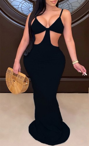 Hollow Out Black Cami Ribbed Sexy Maxi Dress