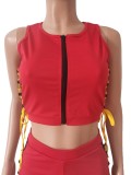 Red Lace Up Zipper Crop Tank and Biker Shorts Two Piece Set