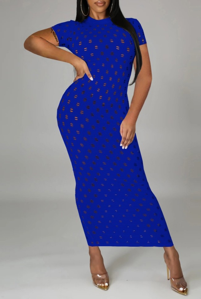 Blue Hollow-Out Short Sleeve Long Curvy Dress
