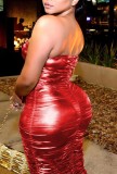 Red Metallic Sexy Ruched Strapless Bodycon Midi Dress