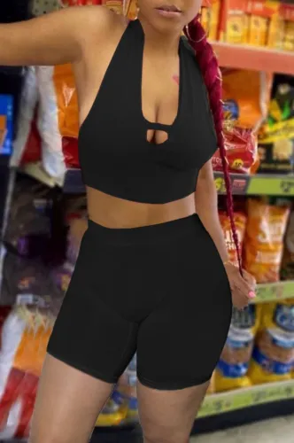 Black Halter Crop Top and Biker Shorts Sexy Bodycon Two Piece