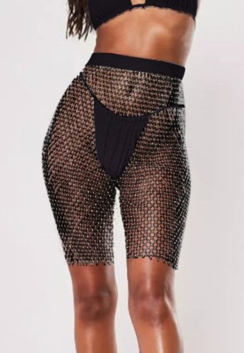 Rhinestone Black Fishnet High Waist Shorts Cover Up