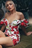 Red and White Floral Mini Puff Sleeve Short Dress