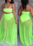 Green Bandeau Top & High Waist Mesh Skirt 2PCS Set