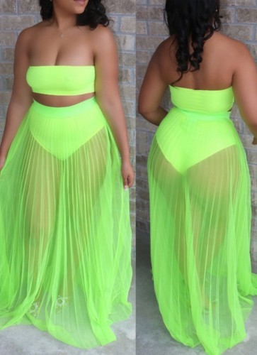 Green Bandeau Top & High Waist Mesh Skirt 2PCS Set