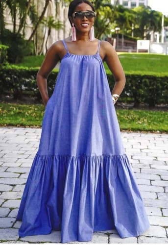 Blue Loose Casual Cami Maxi Dress