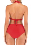 Red High Waisted Two Piece Halter Ruched Swimwear