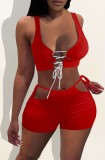 Red Sexy Lace Up Croped Tank and Cut Out Shorts Two Piece Set