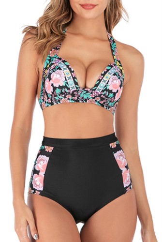Floral High Waisted Two Piece Halter Ruched Swimwear