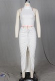 White Halter Backless Crop Top & Irregular Drawstrings Skirt Set
