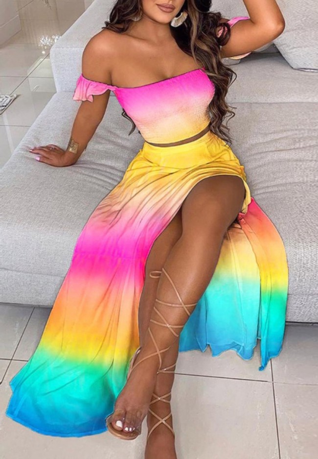 Rainbow Ruched Crop Top and Slit Long Skirt 2PC Matching Set