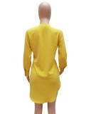 Yellow Long Sleeve Deep V Curve Hem Blouse Dress