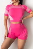 Sports Contrast Pink Crop Top and High Waist Shorts 2PCS Set