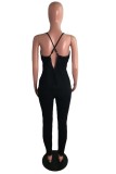Sexy Black Embroidered Deep-V Ripped Cami Denim Jumpsuit