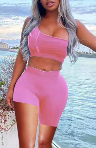 Pink Bodycon One Shoulder Crop Top and Biker Shorts Set