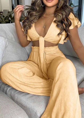 Leisure Yellow Tie Front Crop Top and High Waist Wide Leg Pants 2PCS Set
