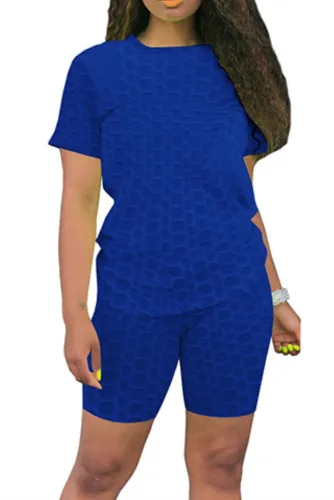 Solid Casual Textured Tee and Shorts Two Piece Set