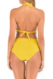 Yellow High Waisted Two Piece Halter Ruched Swimwear