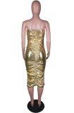 Golden Metallic Sexy Ruched Strapless Bodycon Midi Dress