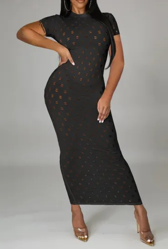 Black Hollow-Out Short Sleeve Long Curvy Dress